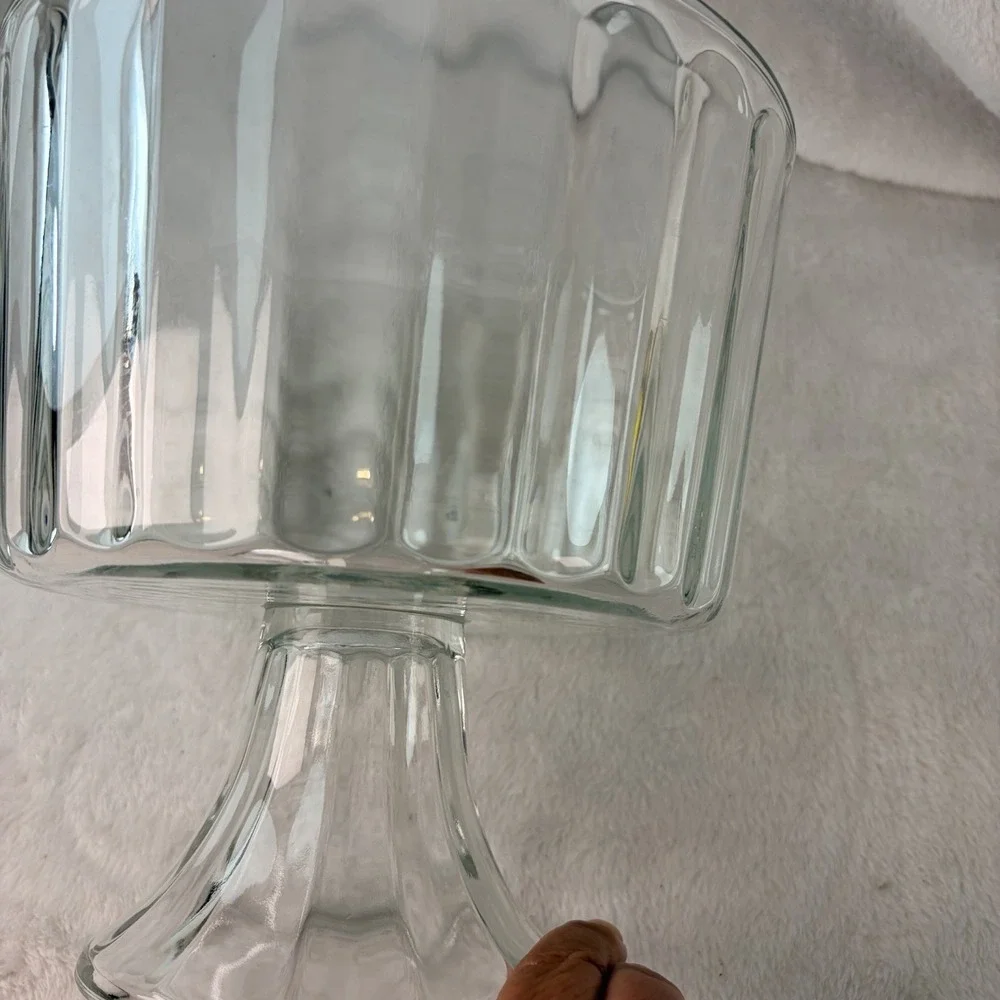 Vintage 70s Ribbed Clear Glass Trifle Bowl Footed Pedestal Base Retro Fluted EVC